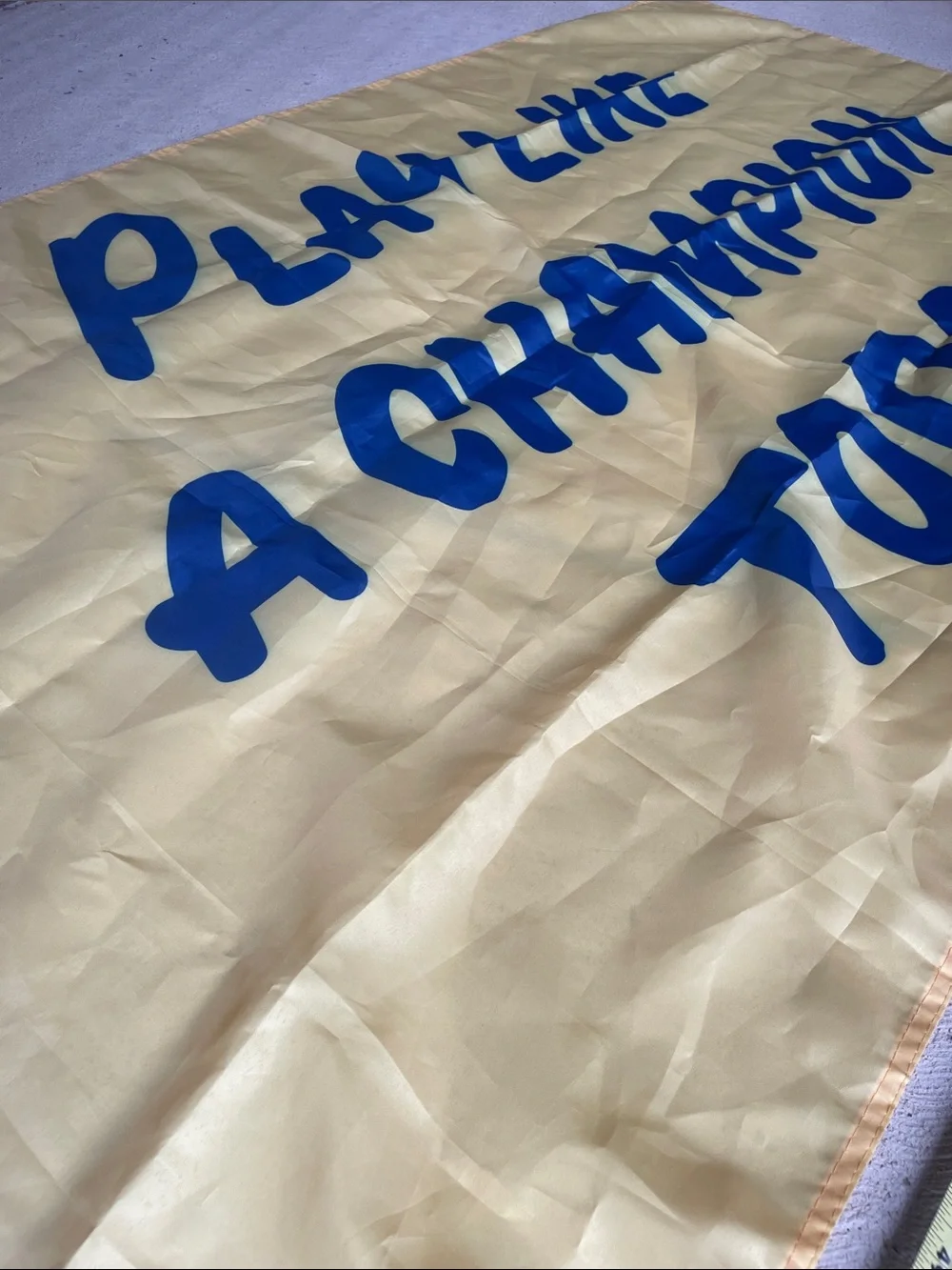 Play Like a Champion Today Yellow Banner with Blue Lettering and Grommet